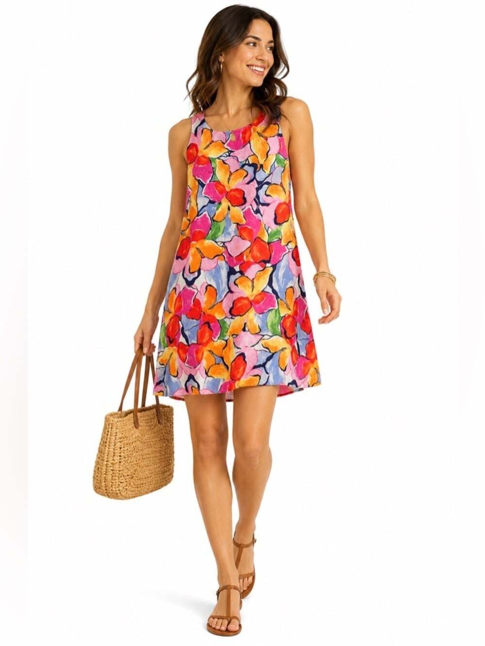 C&C California Linen Dress Small Colorful Sleeveless Floral Bright Summer Beach
